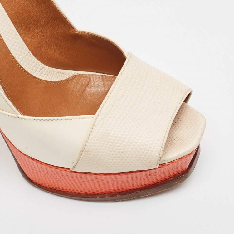 Pre Owned Fendi Cream Embossed Lizard and Patent Fendista Peep Toe Pumps Size 37