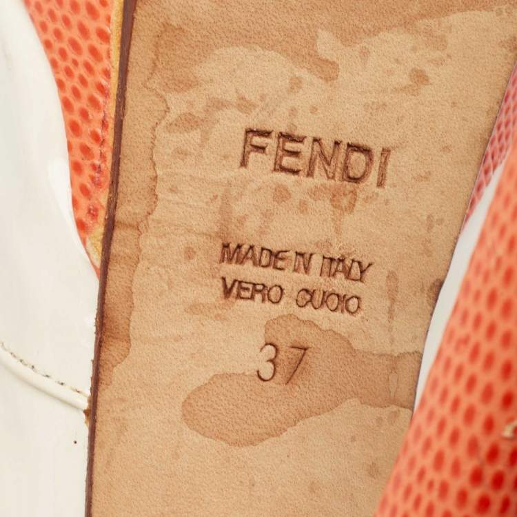 Pre Owned Fendi Cream Embossed Lizard and Patent Fendista Peep Toe Pumps Size 37