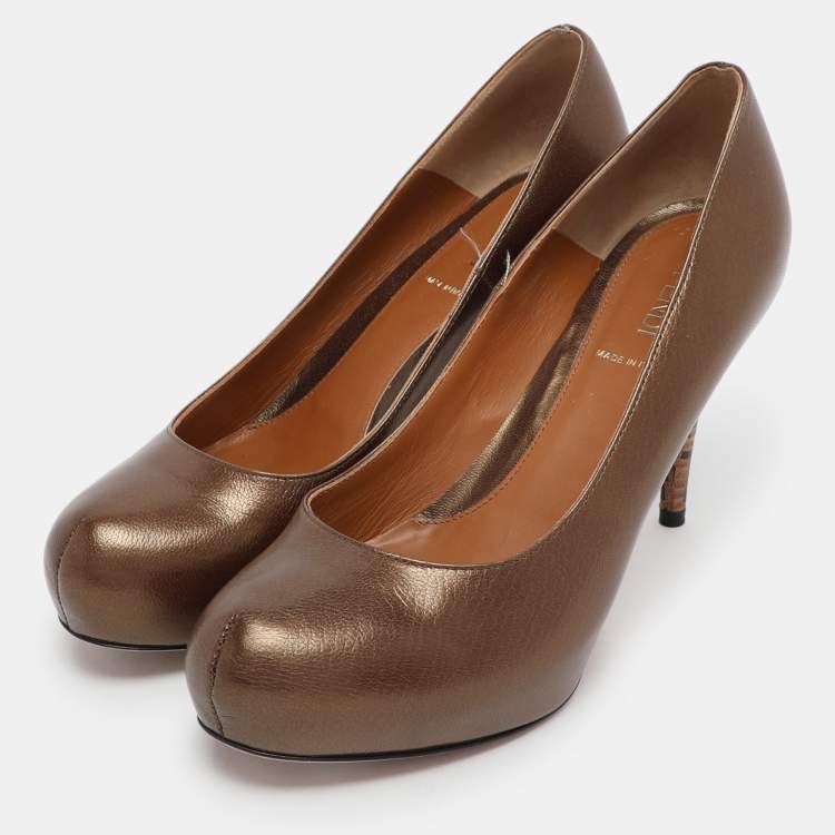 Pre Owned Fendi Metallic Brown Leather Platform Pumps Size 38