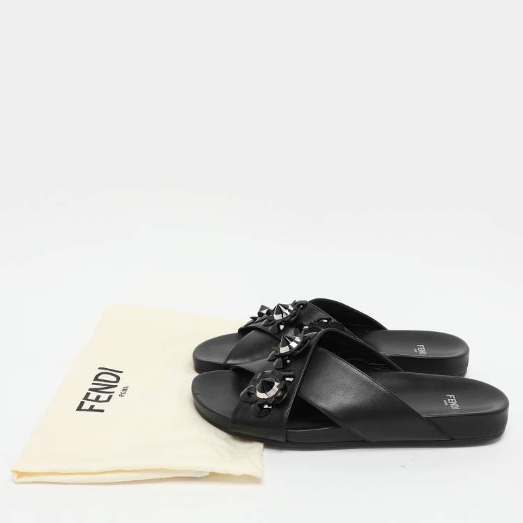 Pre Owned Fendi Black Leather Flowerland Criss Cross Flat Slides Size 38