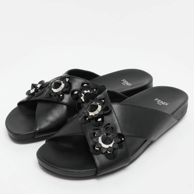 Pre Owned Fendi Black Leather Flowerland Criss Cross Flat Slides Size 38