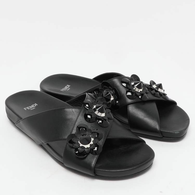 Pre Owned Fendi Black Leather Flowerland Criss Cross Flat Slides Size 38