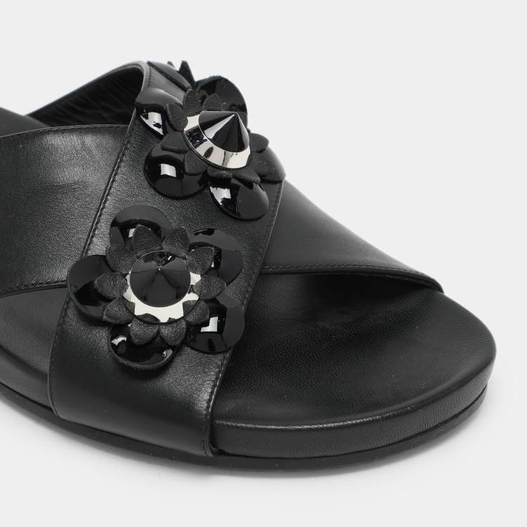 Pre Owned Fendi Black Leather Flowerland Criss Cross Flat Slides Size 38