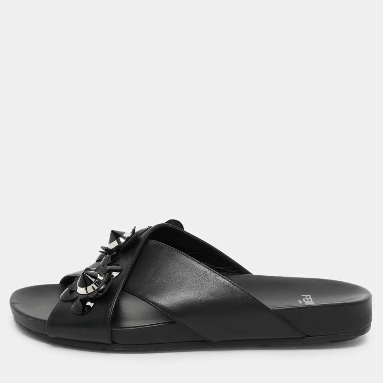 Pre Owned Fendi Black Leather Flowerland Criss Cross Flat Slides Size 38