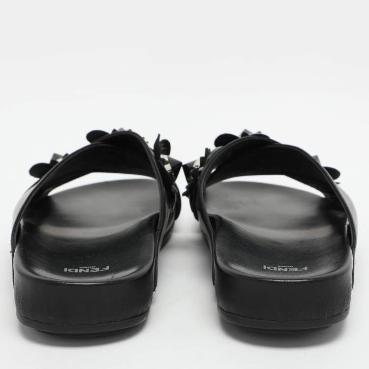 Pre Owned Fendi Black Leather Flowerland Criss Cross Flat Slides Size 38