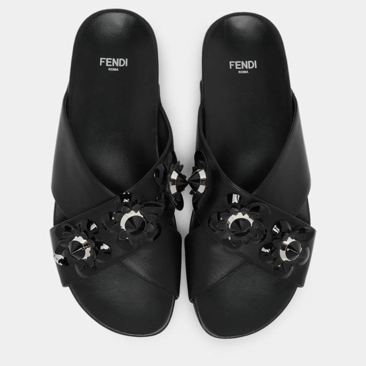 Pre Owned Fendi Black Leather Flowerland Criss Cross Flat Slides Size 38