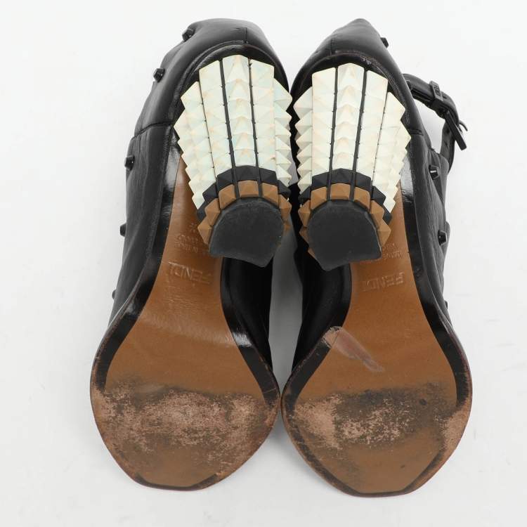 Pre Owned Fendi Black Leather Polifonia Booties Size 36.5