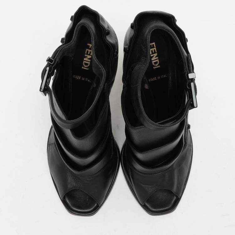 Pre Owned Fendi Black Leather Polifonia Booties Size 36.5
