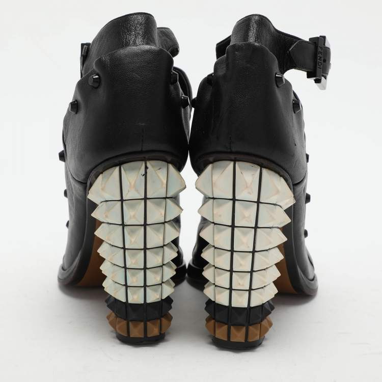 Pre Owned Fendi Black Leather Polifonia Booties Size 36.5
