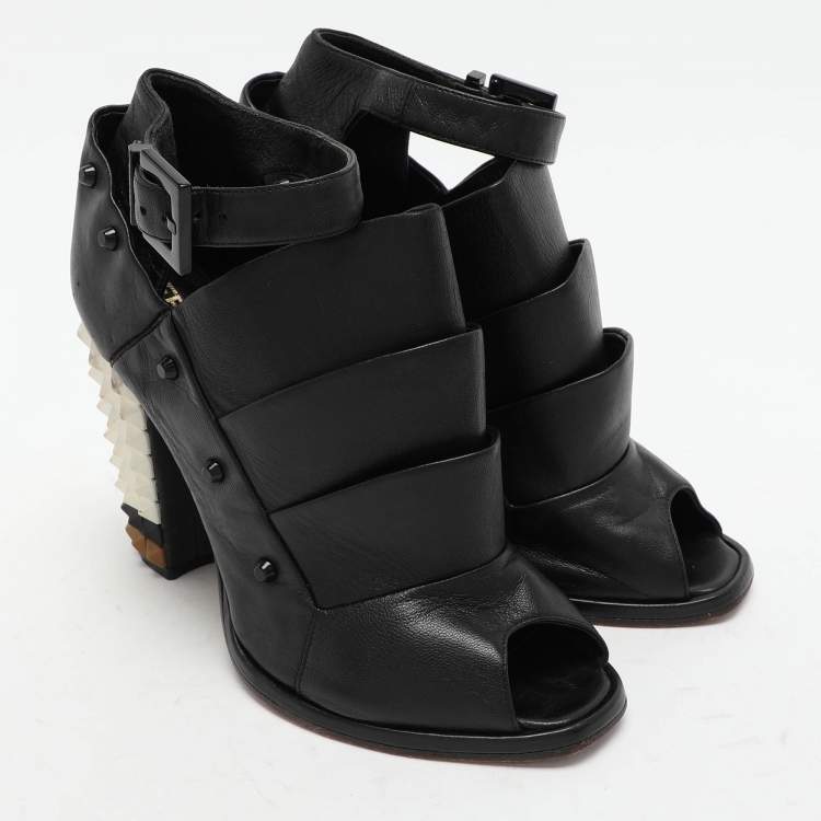 Pre Owned Fendi Black Leather Polifonia Booties Size 36.5
