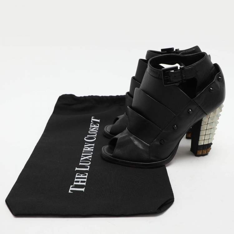 Pre Owned Fendi Black Leather Polifonia Booties Size 36.5