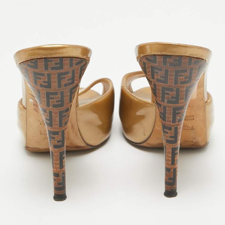 Pre Owned Fendi Gold Patent Leather FF Heel Slide Sandals Size 37.5