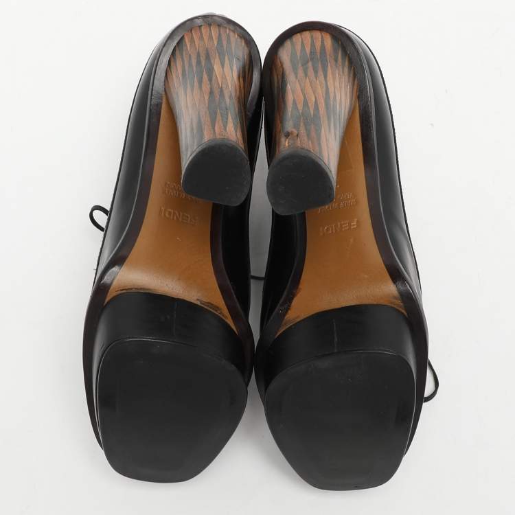 Pre Owned Fendi Black Leather Lace Up Booties Size 37