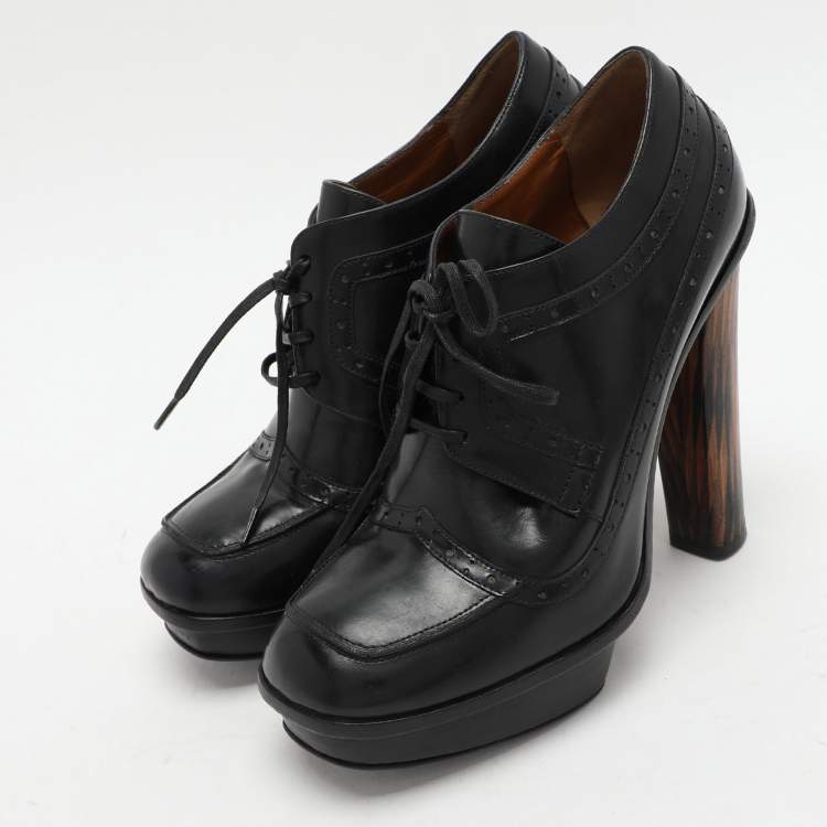 Pre Owned Fendi Black Leather Lace Up Booties Size 37