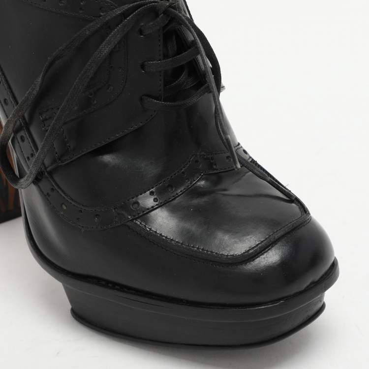 Pre Owned Fendi Black Leather Lace Up Booties Size 37