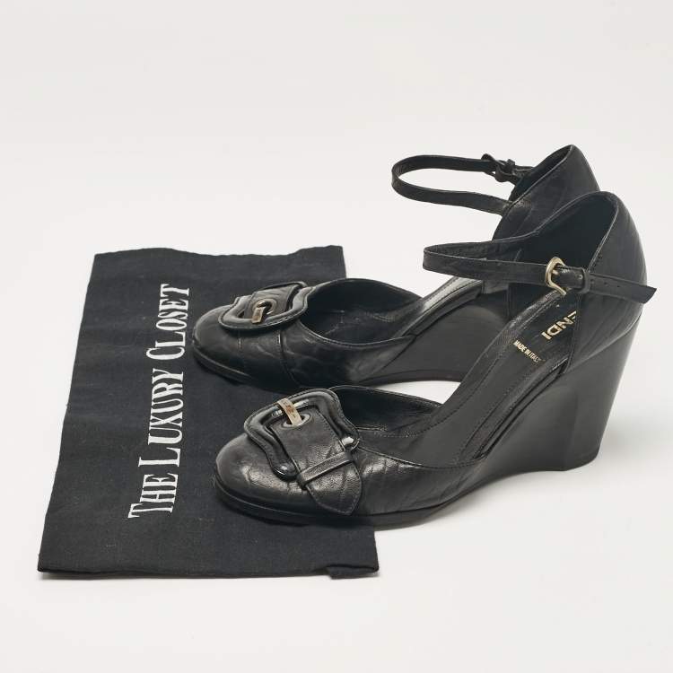 Pre Owned Fendi Black Leather Wedge Pumps Size 36.5