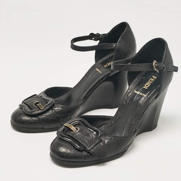 Pre Owned Fendi Black Leather Wedge Pumps Size 36.5