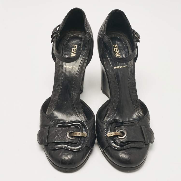 Pre Owned Fendi Black Leather Wedge Pumps Size 36.5