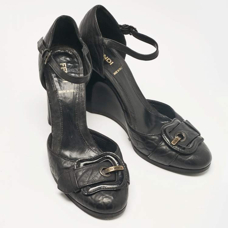 Pre Owned Fendi Black Leather Wedge Pumps Size 36.5