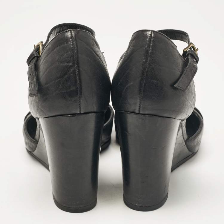 Pre Owned Fendi Black Leather Wedge Pumps Size 36.5