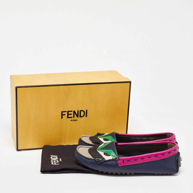 Pre Owned Fendi Multicolor Leather Monster Driver Loafers Size 38.5