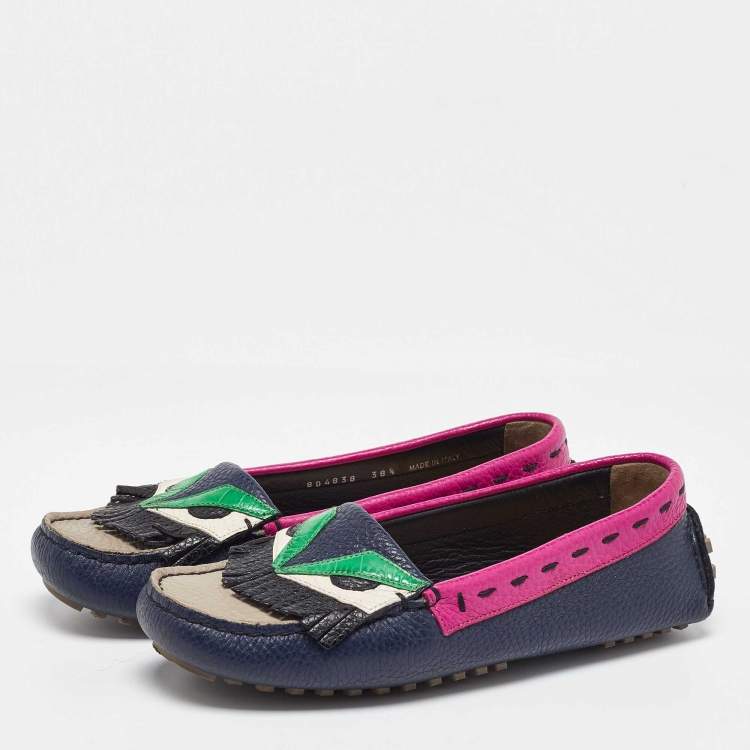 Pre Owned Fendi Multicolor Leather Monster Driver Loafers Size 38.5