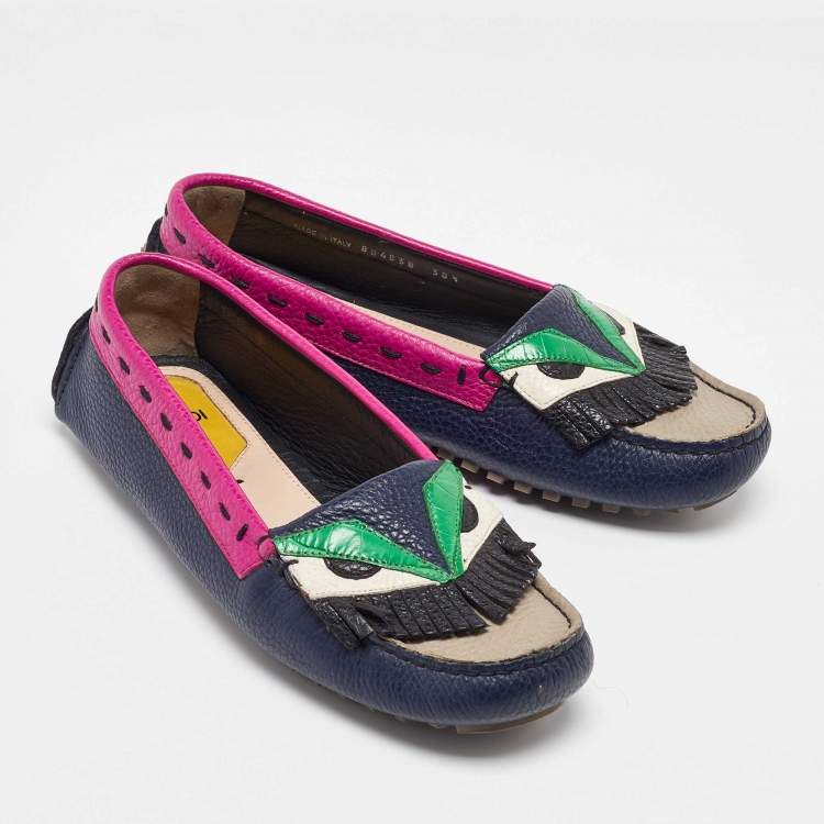 Pre Owned Fendi Multicolor Leather Monster Driver Loafers Size 38.5