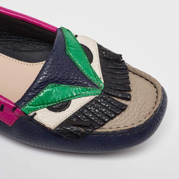 Pre Owned Fendi Multicolor Leather Monster Driver Loafers Size 38.5