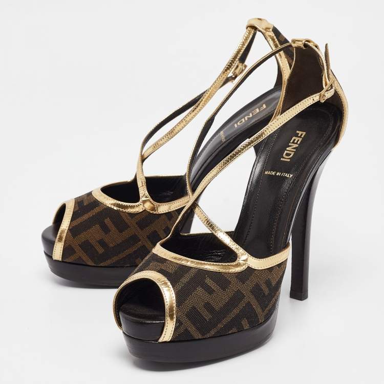 Pre Owned Fendi Brown/Gold Zucca Canvas and Leather Ankle Strap Sandals Size 38