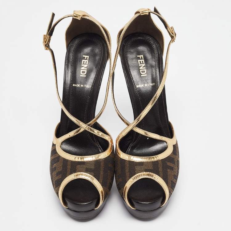 Pre Owned Fendi Brown/Gold Zucca Canvas and Leather Ankle Strap Sandals Size 38