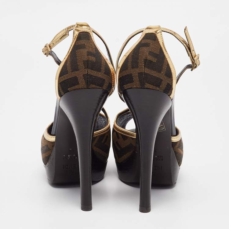 Pre Owned Fendi Brown/Gold Zucca Canvas and Leather Ankle Strap Sandals Size 38