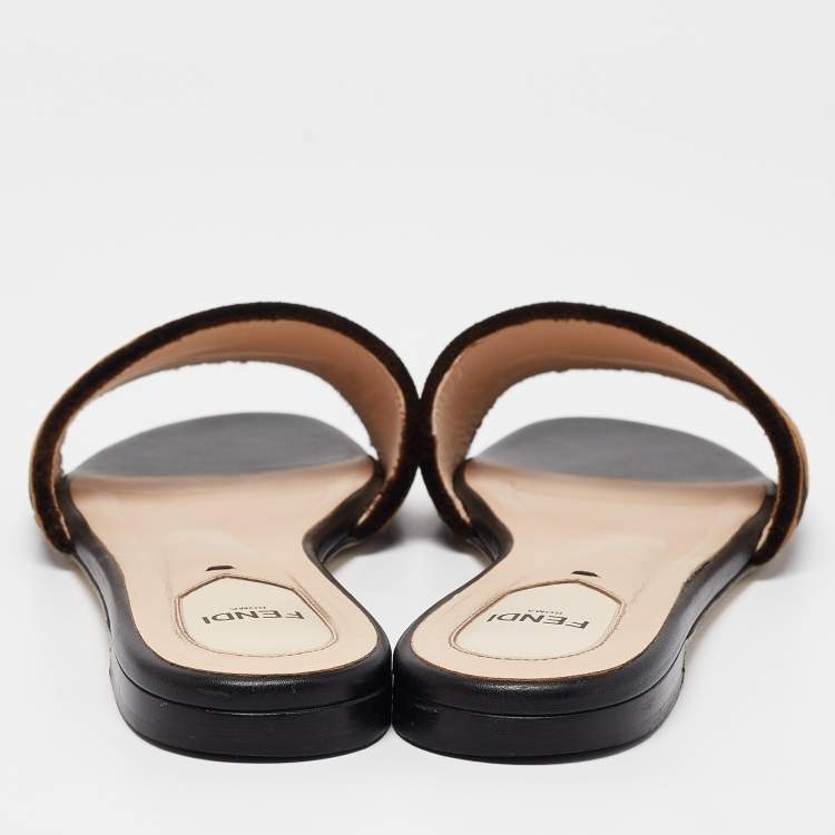 Pre Owned Fendi Brown Zucca Velvet Flat Slides Size 39