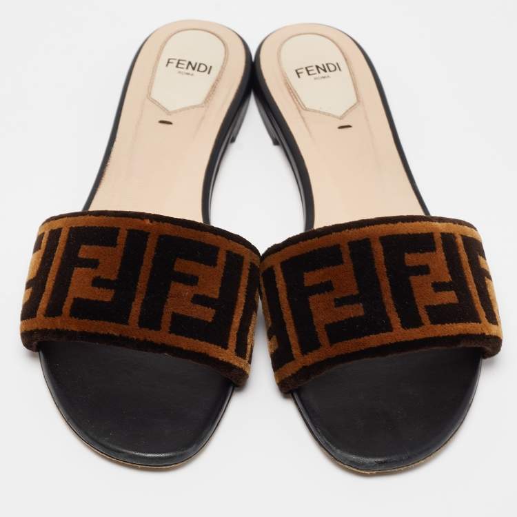 Pre Owned Fendi Brown Zucca Velvet Flat Slides Size 39