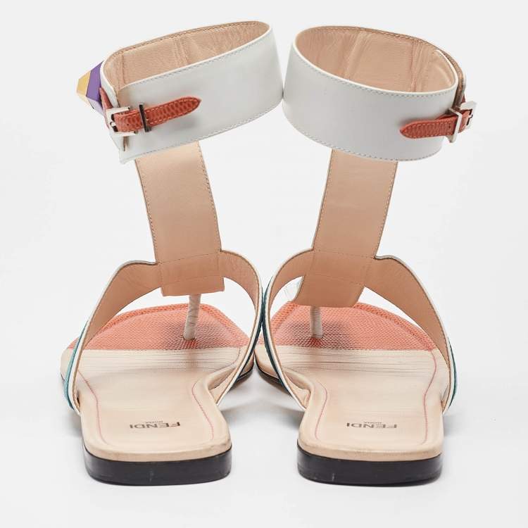 Pre Owned Fendi Multicolor Leather Studded Thong Flat Sandals Size 40