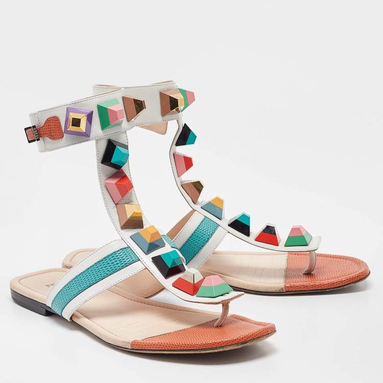 Pre Owned Fendi Multicolor Leather Studded Thong Flat Sandals Size 40