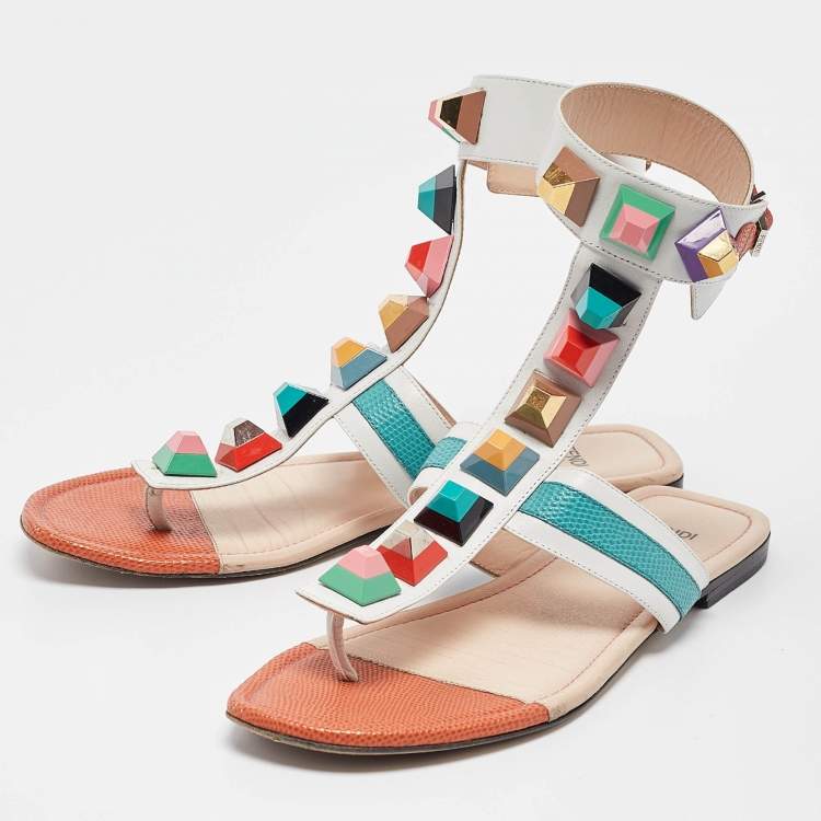 Pre Owned Fendi Multicolor Leather Studded Thong Flat Sandals Size 40