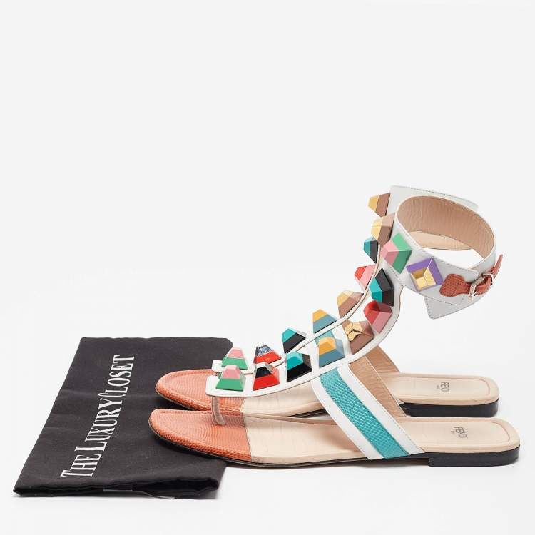 Pre Owned Fendi Multicolor Leather Studded Thong Flat Sandals Size 40