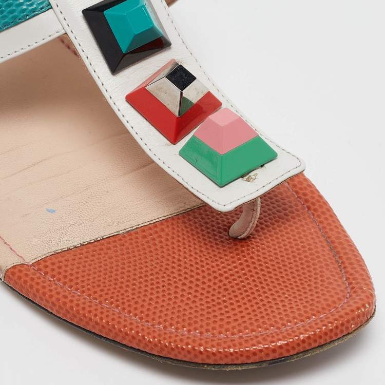 Pre Owned Fendi Multicolor Leather Studded Thong Flat Sandals Size 40