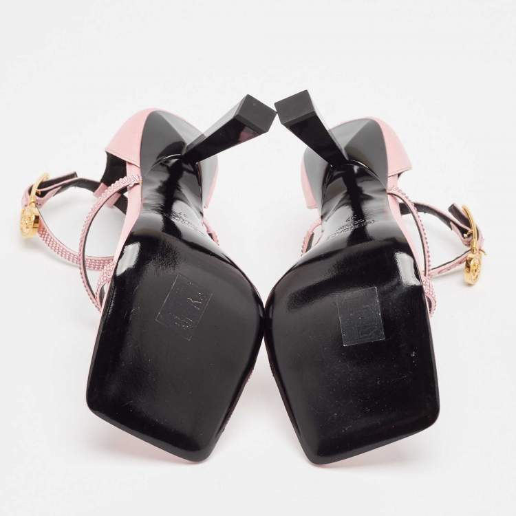 Pre Owned Fendi x Versace Pink Satin Crystal Embellished Ankle Strap Sandals Size 37