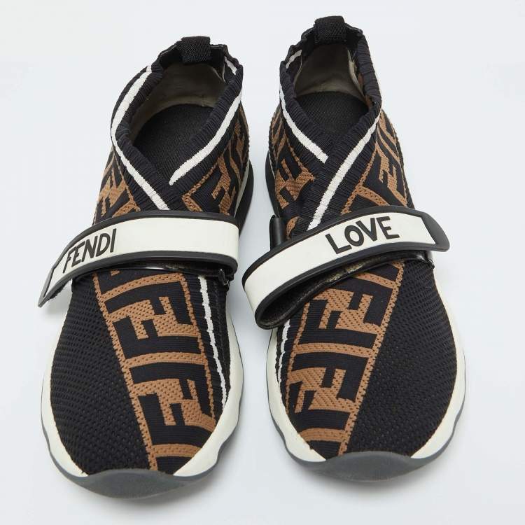 Pre Owned Fendi Black/Brown Zucca Knit Fabric Rockoko Slip On Sneakers Size 38
