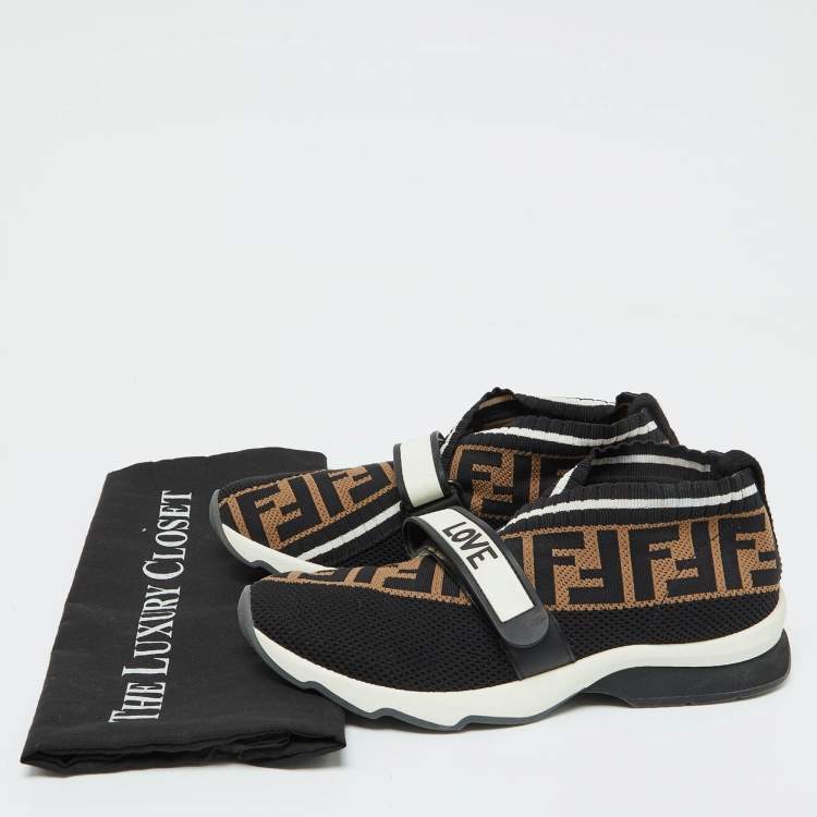 Pre Owned Fendi Black/Brown Zucca Knit Fabric Rockoko Slip On Sneakers Size 38