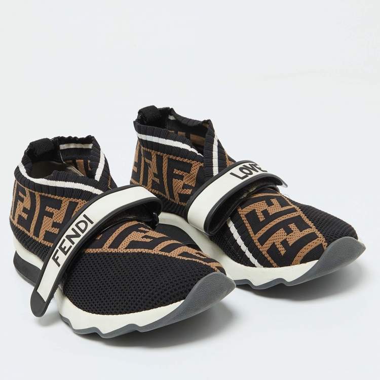 Pre Owned Fendi Black/Brown Zucca Knit Fabric Rockoko Slip On Sneakers Size 38