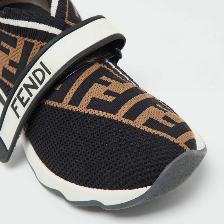 Pre Owned Fendi Black/Brown Zucca Knit Fabric Rockoko Slip On Sneakers Size 38