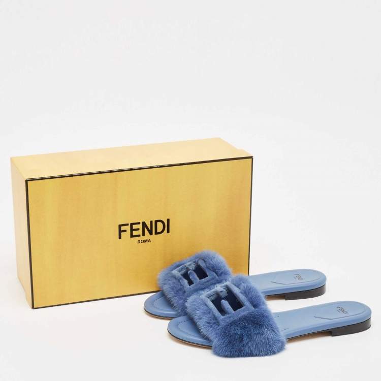 Pre Owned Fendi Blue Mink Fur Baguette Flat Slides Size 38.5