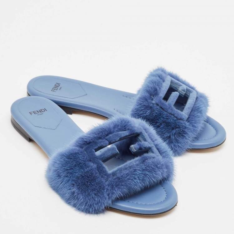 Pre Owned Fendi Blue Mink Fur Baguette Flat Slides Size 38.5