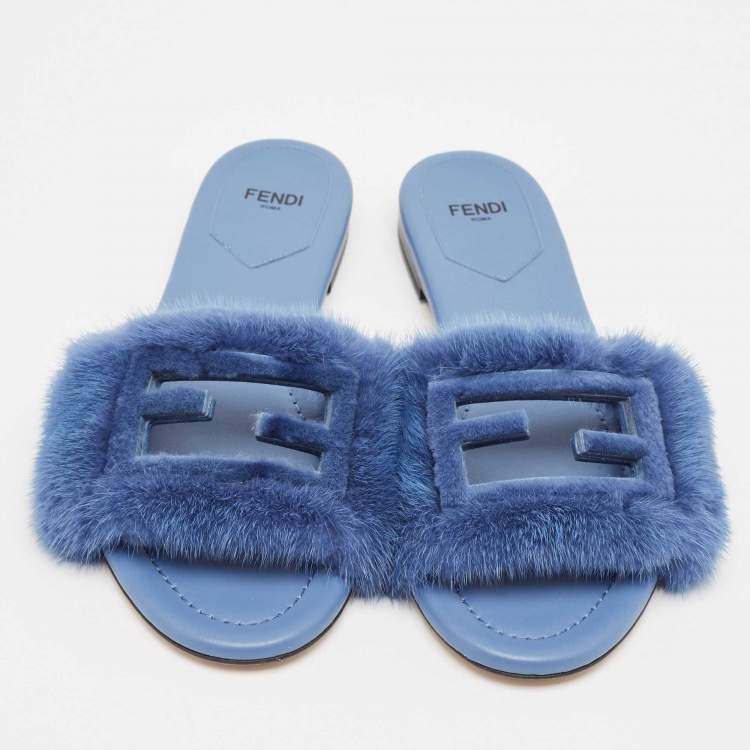Pre Owned Fendi Blue Mink Fur Baguette Flat Slides Size 38.5