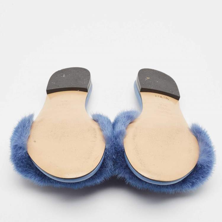 Pre Owned Fendi Blue Mink Fur Baguette Flat Slides Size 38.5