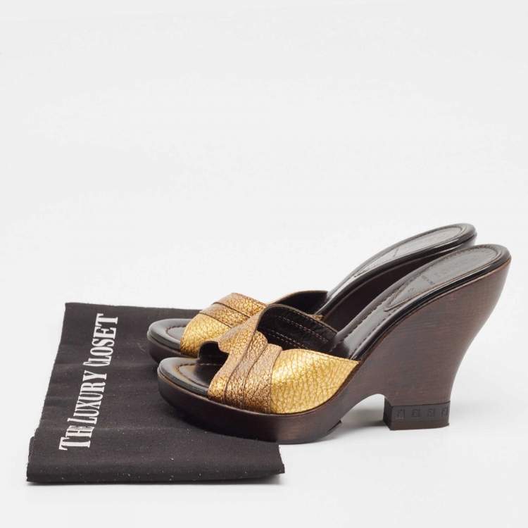 Pre Owned Fendi Metallic Leather Wedge Slide Sandals Size 37.5