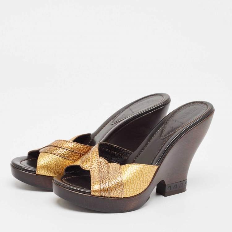 Pre Owned Fendi Metallic Leather Wedge Slide Sandals Size 37.5