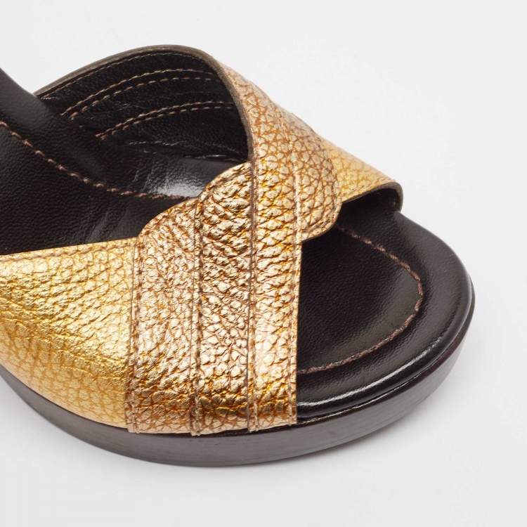 Pre Owned Fendi Metallic Leather Wedge Slide Sandals Size 37.5